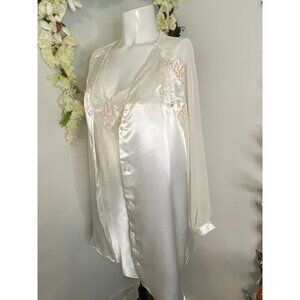 Vintage Val Mode Ivory Bead Lingerie Peignoir Robe & Short Nightgown Set Size SM